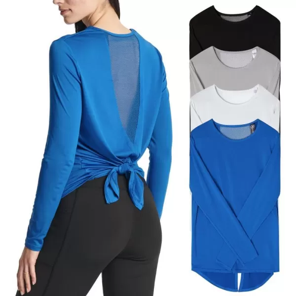 Real Essentials 4 Pack Womens DryFit LongSleeve Tie Back Athletic Workout TShirt Available in Plus SizeStandard Set 2