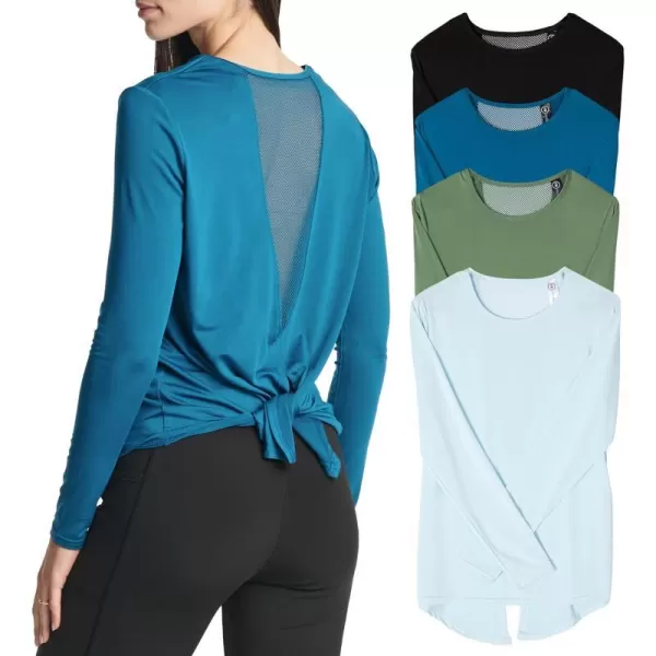 Real Essentials 4 Pack Womens DryFit LongSleeve Tie Back Athletic Workout TShirt Available in Plus SizeStandard Set 3