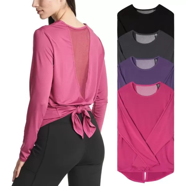 Real Essentials 4 Pack Womens DryFit LongSleeve Tie Back Athletic Workout TShirt Available in Plus SizeStandard Set 4