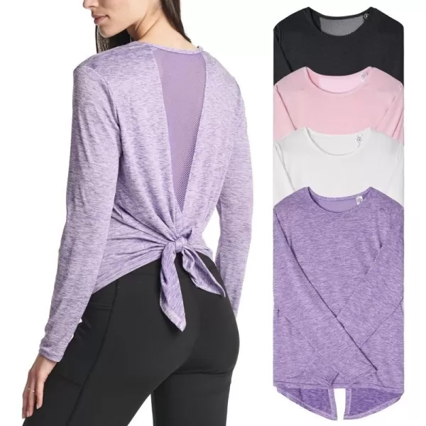 Real Essentials 4 Pack Womens DryFit LongSleeve Tie Back Athletic Workout TShirt Available in Plus Sizeplussize Set 8