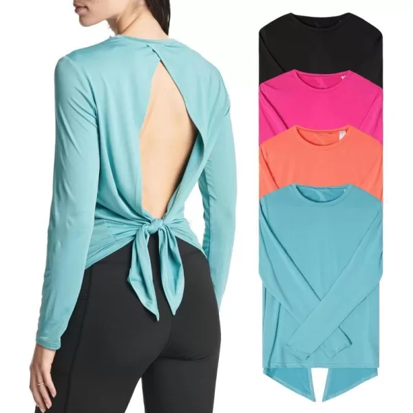 Real Essentials 4 Pack Womens DryFit LongSleeve Tie Back Open Back Athletic Workout TShirt Available in Plus SizeStandard Set 6