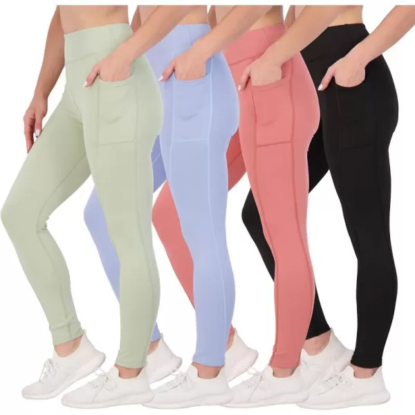 Real Essentials 4Pack Womens Full Length Fitted Athletic Yoga Performance Leggings with Pockets Available in Plus SizeStandard Set 4