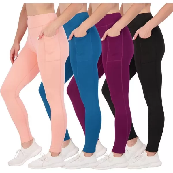 Real Essentials 4Pack Womens Full Length Fitted Athletic Yoga Performance Leggings with Pockets Available in Plus SizeStandard Set 5