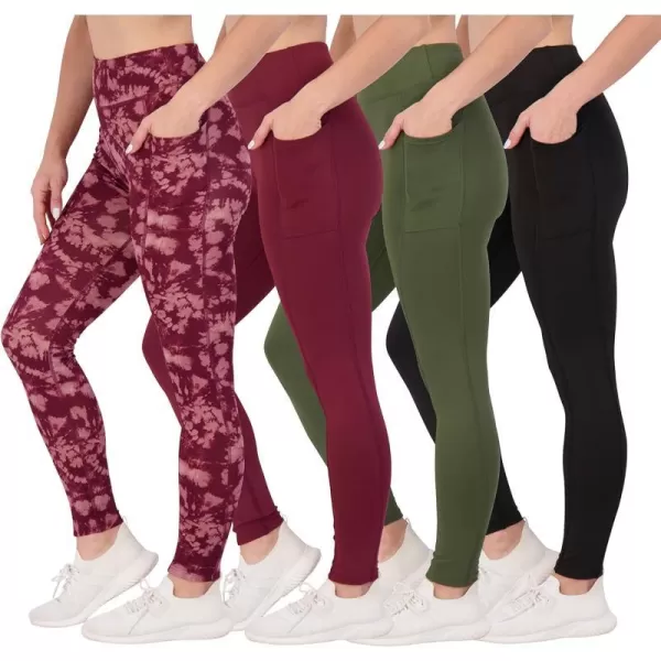 Real Essentials 4Pack Womens Full Length Fitted Athletic Yoga Performance Leggings with Pockets Available in Plus SizeStandard Set 6