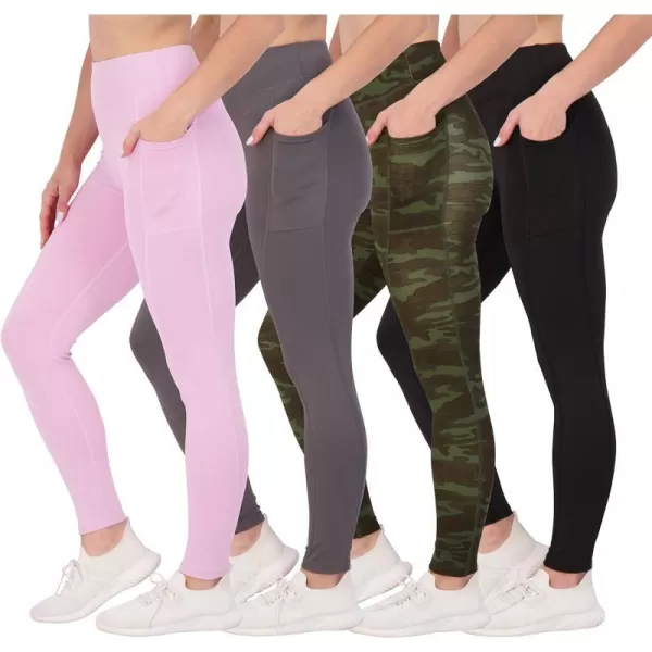 Real Essentials 4Pack Womens Full Length Fitted Athletic Yoga Performance Leggings with Pockets Available in Plus SizeStandard Set 7