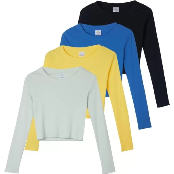 Real Essentials 4Pack Womens Long Sleeve Ribbed Knit Cotton Crew Neck Crop Top Shirt  Available in PlusStandard Set 9