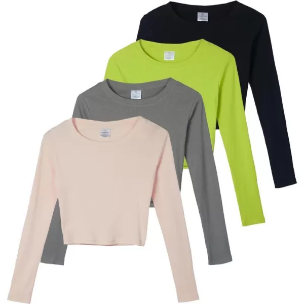 Real Essentials 4Pack Womens Long Sleeve Ribbed Knit Cotton Crew Neck Crop Top Shirt  Available in Plusplussize Set 6