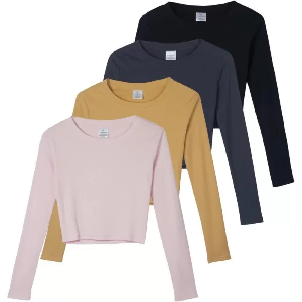 Real Essentials 4Pack Womens Long Sleeve Ribbed Knit Cotton Crew Neck Crop Top Shirt  Available in Plusplussize Set 7