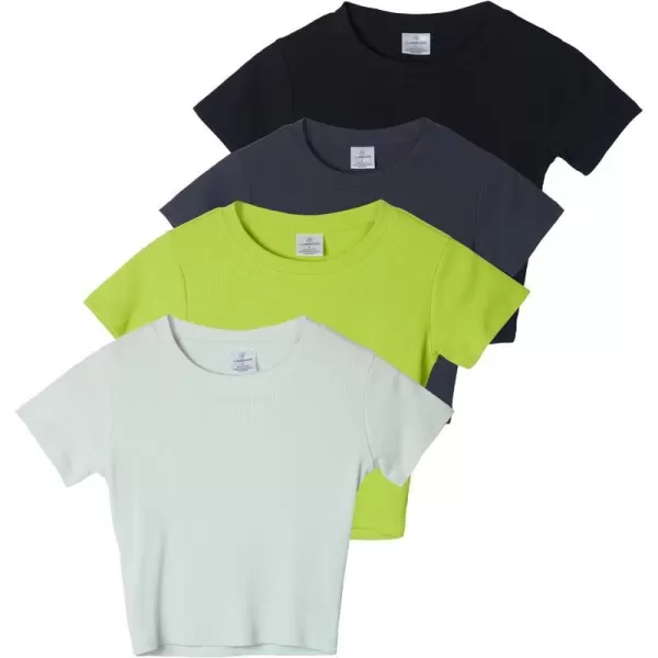 Real Essentials 4Pack Womens Short Sleeve Ribbed Knit Cotton Crew Neck Crop Top TShirt  Available in PlusSet 1