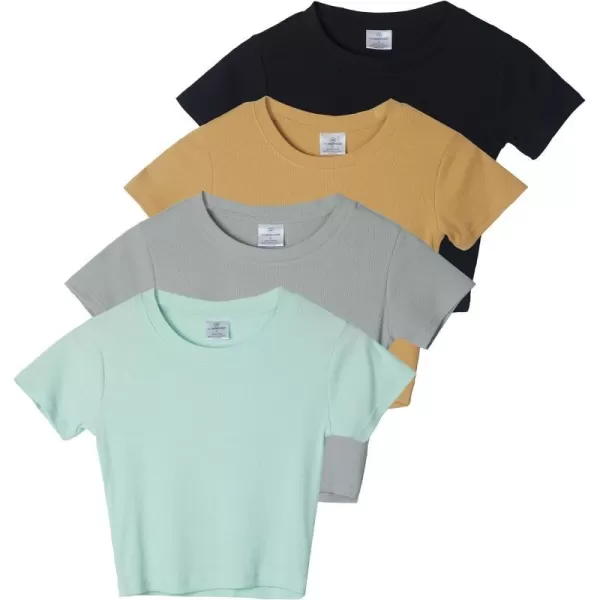 Real Essentials 4Pack Womens Short Sleeve Ribbed Knit Cotton Crew Neck Crop Top TShirt  Available in PlusSet 2