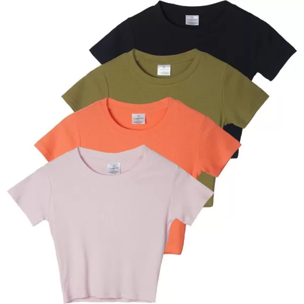 Real Essentials 4Pack Womens Short Sleeve Ribbed Knit Cotton Crew Neck Crop Top TShirt  Available in PlusSet 3