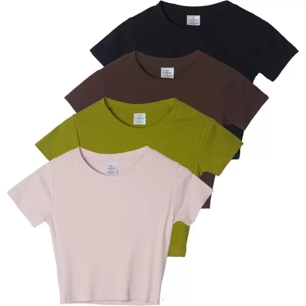 Real Essentials 4Pack Womens Short Sleeve Ribbed Knit Cotton Crew Neck Crop Top TShirt  Available in PlusSet 4