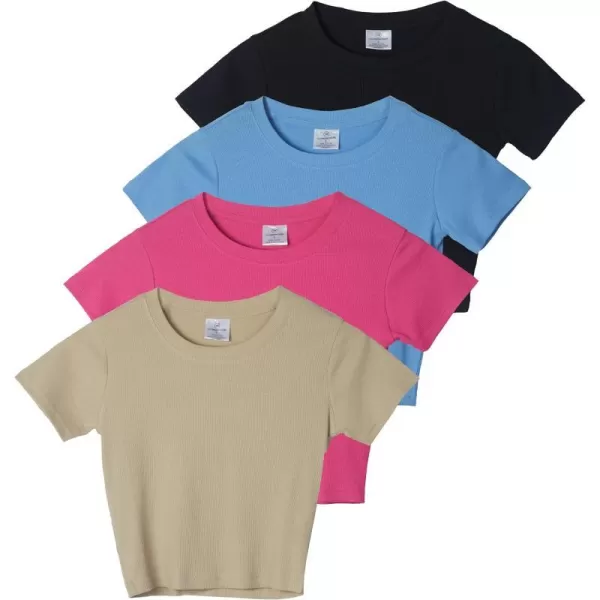 Real Essentials 4Pack Womens Short Sleeve Ribbed Knit Cotton Crew Neck Crop Top TShirt  Available in PlusSet 5