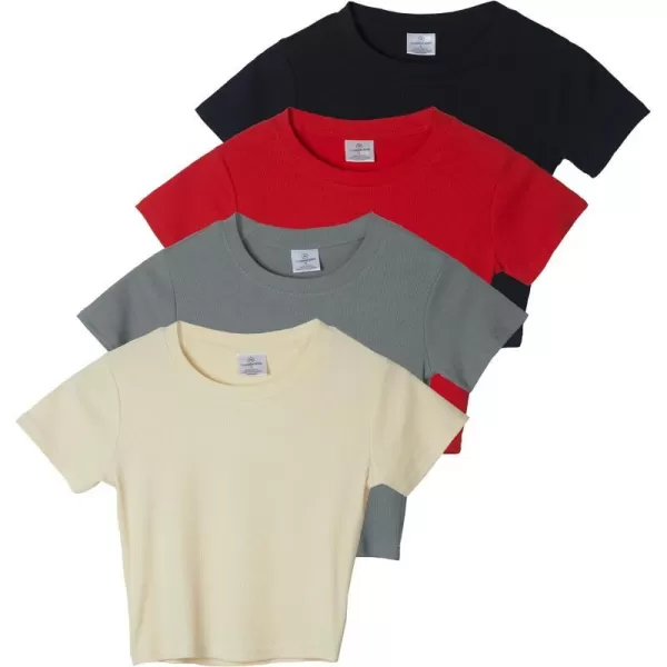 Real Essentials 4Pack Womens Short Sleeve Ribbed Knit Cotton Crew Neck Crop Top TShirt  Available in PlusSet 6