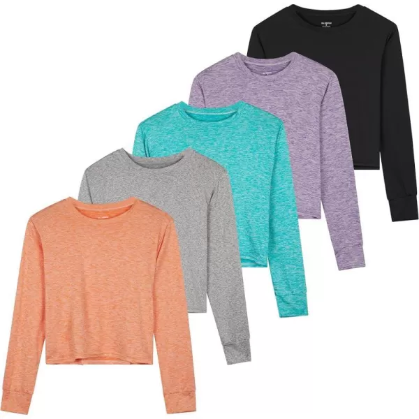 Real Essentials 5 Pack Womens Dry Fit Crop Top  Long Sleeve Crew Neck Stretch Athletic Tee Available in Plus SizePlus Size Set 2