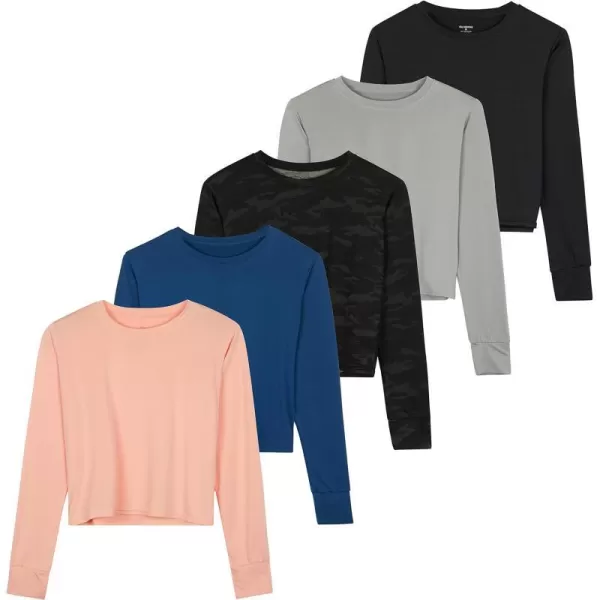 Real Essentials 5 Pack Womens Dry Fit Crop Top  Long Sleeve Crew Neck Stretch Athletic Tee Available in Plus SizePlus Size Set 3