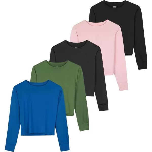 Real Essentials 5 Pack Womens Dry Fit Crop Top  Long Sleeve Crew Neck Stretch Athletic Tee Available in Plus SizePlus Size Set 4