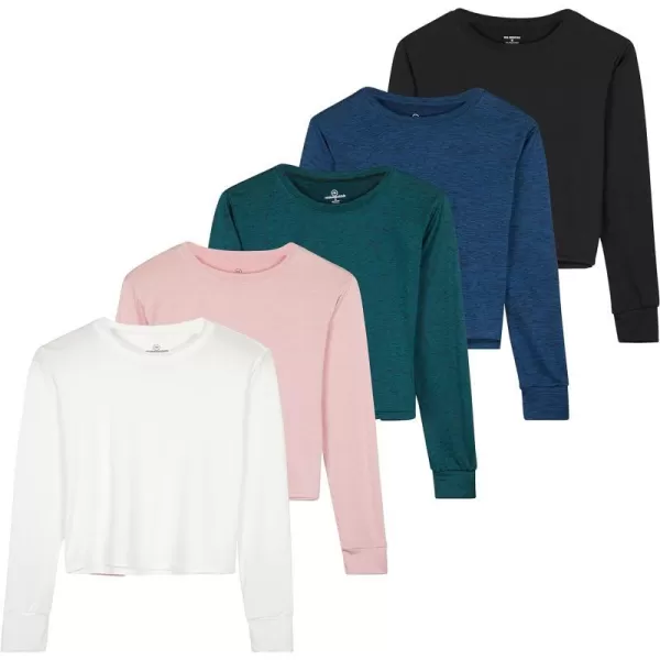 Real Essentials 5 Pack Womens Dry Fit Crop Top  Long Sleeve Crew Neck Stretch Athletic Tee Available in Plus SizePlus Size Set 5