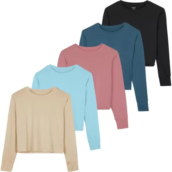 Real Essentials 5 Pack Womens Dry Fit Crop Top  Long Sleeve Crew Neck Stretch Athletic Tee Available in Plus SizeRegular Size Set 10