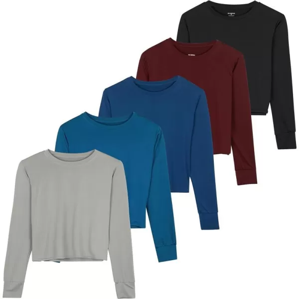 Real Essentials 5 Pack Womens Dry Fit Crop Top  Long Sleeve Crew Neck Stretch Athletic Tee Available in Plus SizeRegular Size Set 9