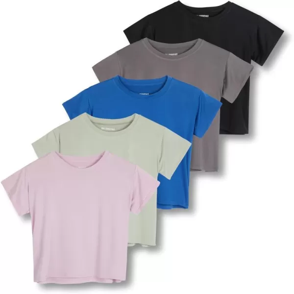 Real Essentials 5 Pack Womens Dry Fit Crop Top  Short Sleeve Crew Neck Stretch Athletic Tee Available in Plus SizePlus Size Set 1