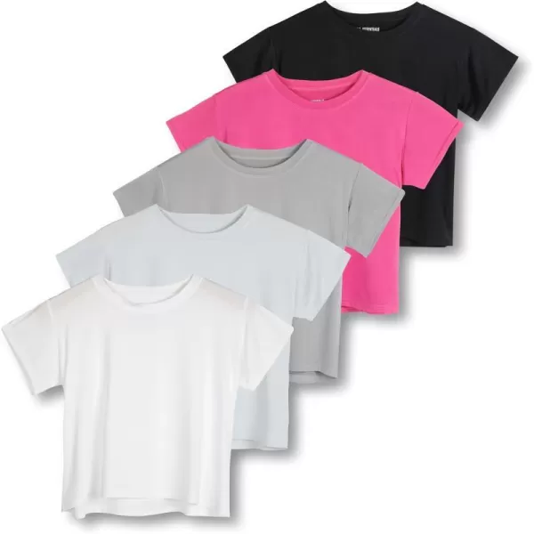 Real Essentials 5 Pack Womens Dry Fit Crop Top  Short Sleeve Crew Neck Stretch Athletic Tee Available in Plus SizePlus Size Set 2