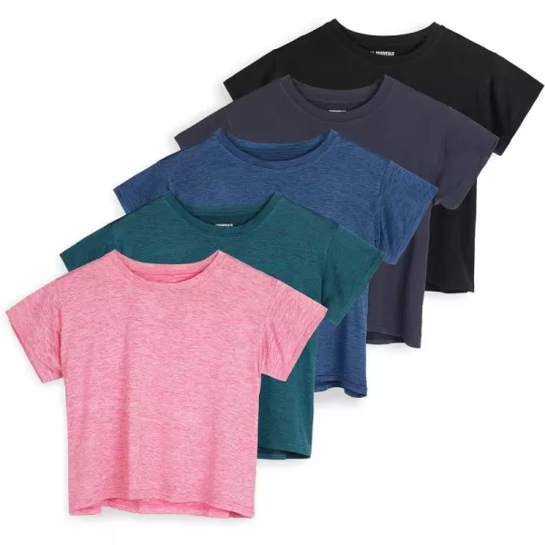 Real Essentials 5 Pack Womens Dry Fit Crop Top  Short Sleeve Crew Neck Stretch Athletic Tee Available in Plus SizePlus Size Set 4