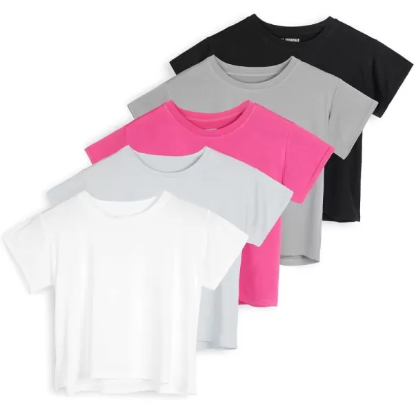 Real Essentials 5 Pack Womens Dry Fit Crop Top  Short Sleeve Crew Neck Stretch Athletic Tee Available in Plus SizeRegular Size Set 2