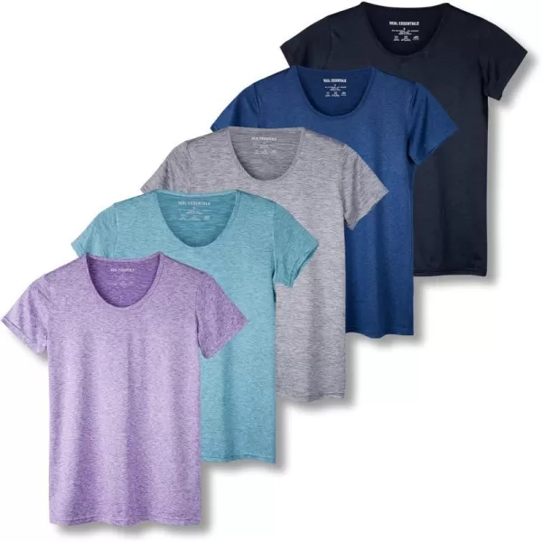 Real Essentials 5 Pack Womens Dry Fit Tech Stretch ShortSleeve Crew Neck Athletic TShirt Available in Plus SizePlus Size Set 1