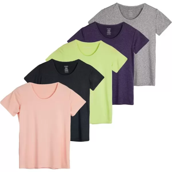 Real Essentials 5 Pack Womens Dry Fit Tech Stretch ShortSleeve Crew Neck Athletic TShirt Available in Plus SizeRegular Size Set 11