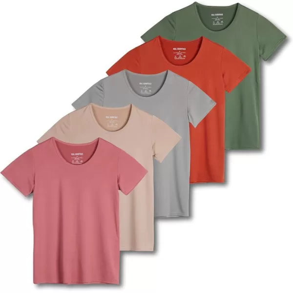 Real Essentials 5 Pack Womens Dry Fit Tech Stretch ShortSleeve Crew Neck Athletic TShirt Available in Plus SizeRegular Size Set 12