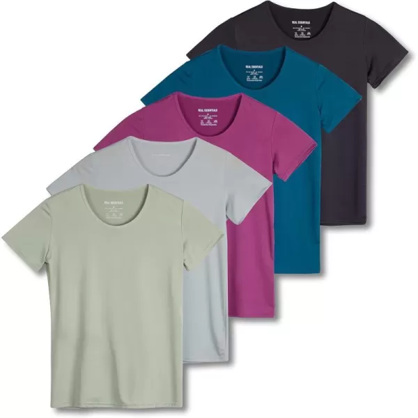 Real Essentials 5 Pack Womens Dry Fit Tech Stretch ShortSleeve Crew Neck Athletic TShirt Available in Plus SizeRegular Size Set 13