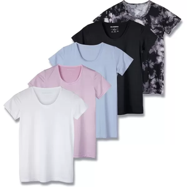 Real Essentials 5 Pack Womens Dry Fit Tech Stretch ShortSleeve Crew Neck Athletic TShirt Available in Plus SizeRegular Size Set 16