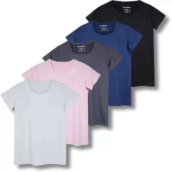 Real Essentials 5 Pack Womens Dry Fit Tech Stretch ShortSleeve Crew Neck Athletic TShirt Available in Plus SizeRegular Size Set 6