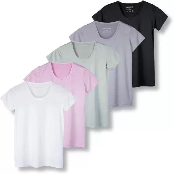 Real Essentials 5 Pack Womens Dry Fit Tech Stretch ShortSleeve Crew Neck Athletic TShirt Available in Plus SizeRegular Size Set 9