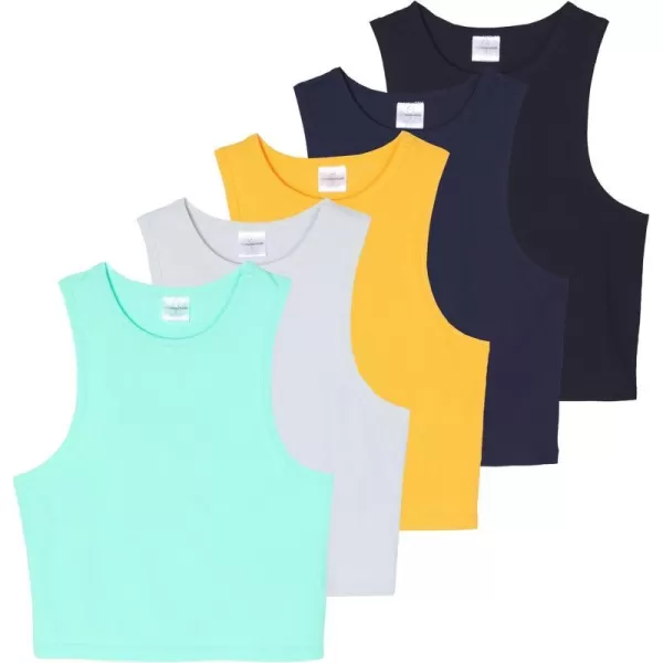 Real Essentials 5 Pack Womens Ribbed Sleeveless Cropped Racerback Tank Top Casual Crop TopSet 4