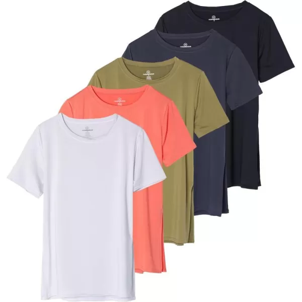 Real Essentials 5 Pack Womens Short Sleeve Crew Relaxed Active TShirt DryFit Yoga Top with Split Hem Available in PlusSet 1