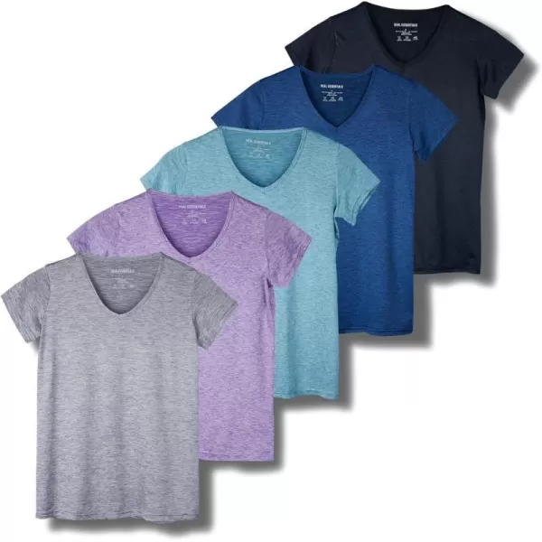 Real Essentials 5 Pack Womens Short Sleeve VNeck Activewear TShirt DryFit Wicking Yoga Top Available in PlusSet 1