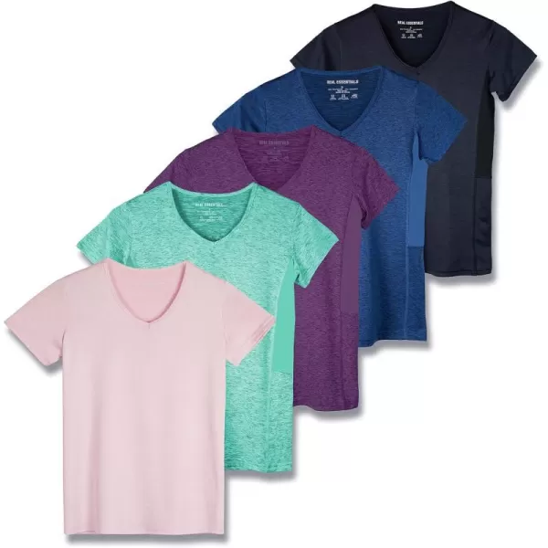 Real Essentials 5 Pack Womens Short Sleeve VNeck Activewear TShirt DryFit Wicking Yoga Top Available in PlusSet 15