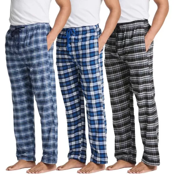 Real Essentials 3 Pack Mens Pajama Pants  Knit Cotton Flannel Plaid Lounge Bottoms Button Fly Available In Big ampamp TallFlannel Set 1