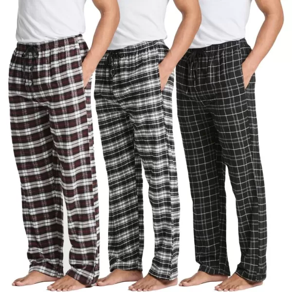 Real Essentials 3 Pack Mens Pajama Pants  Knit Cotton Flannel Plaid Lounge Bottoms Button Fly Available In Big ampamp TallFlannel Set 2