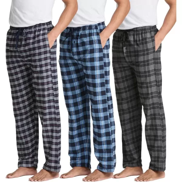 Real Essentials 3 Pack Mens Pajama Pants  Knit Cotton Flannel Plaid Lounge Bottoms Button Fly Available In Big ampamp TallFlannel Set 4