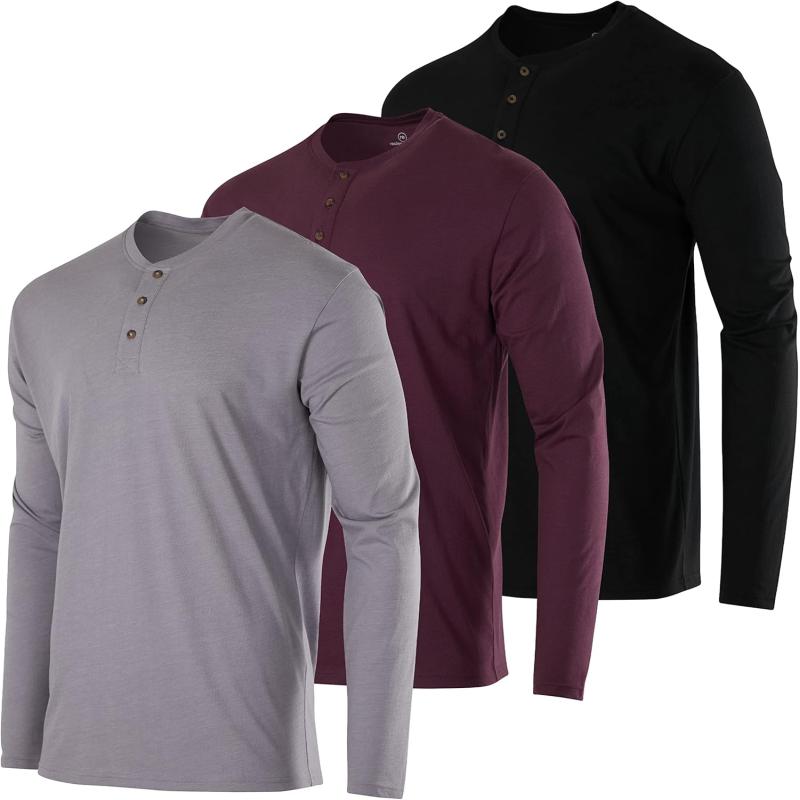 Real Essentials 3 Pack Mens Cotton Short ampamp Long Sleeve Henley TShirt Performance Activewear Available in Big ampamp TallLong Sleeve  Set 11