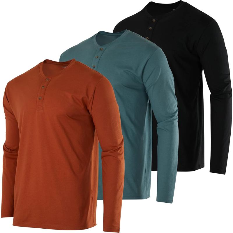 Real Essentials 3 Pack Mens Cotton Short ampamp Long Sleeve Henley TShirt Performance Activewear Available in Big ampamp TallLong Sleeve  Set 12