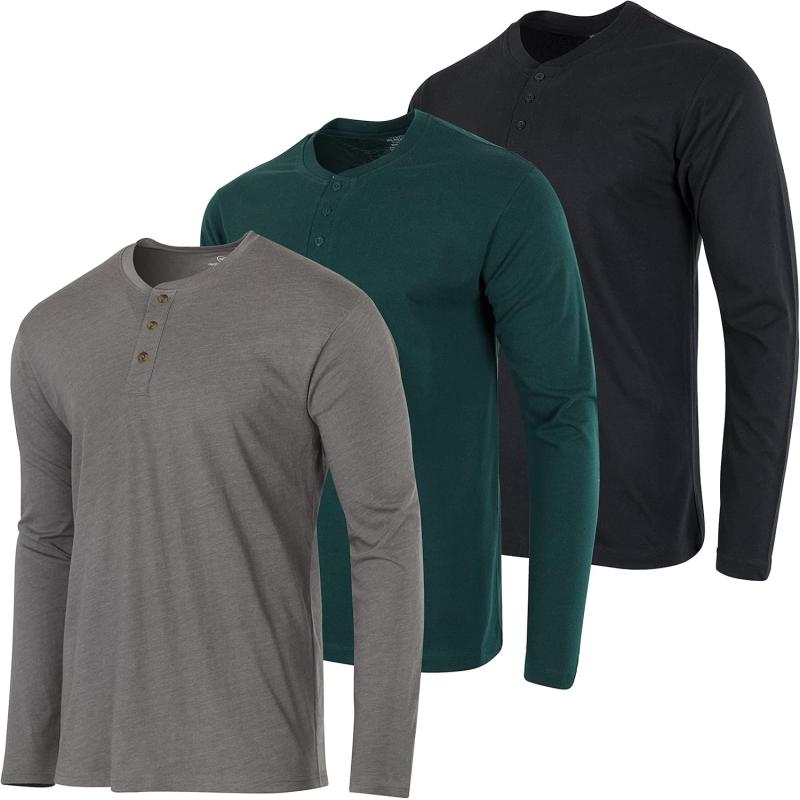 Real Essentials 3 Pack Mens Cotton Short ampamp Long Sleeve Henley TShirt Performance Activewear Available in Big ampamp TallLong Sleeve  Set 2