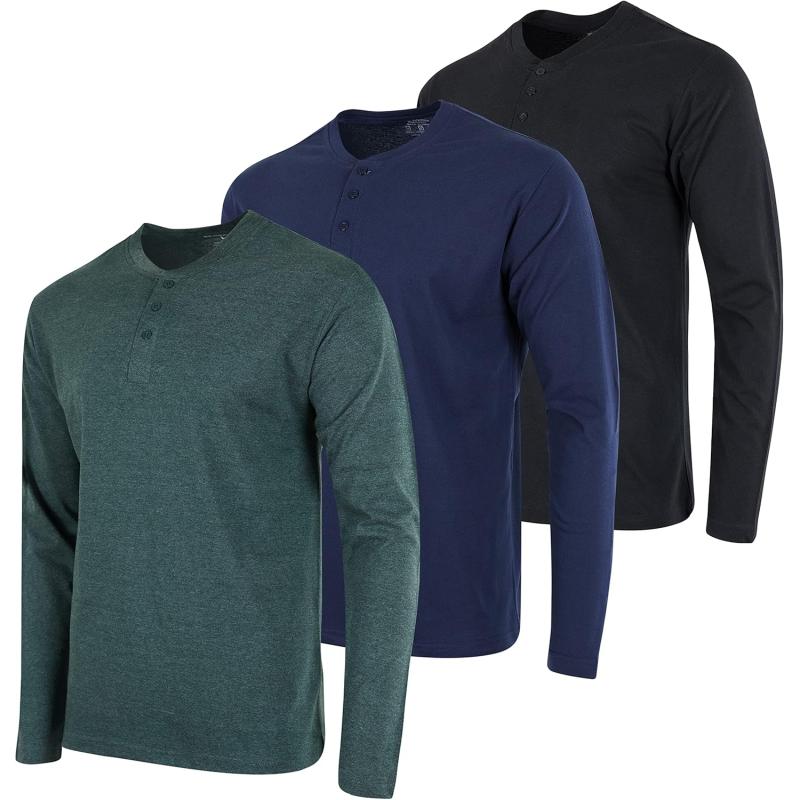 Real Essentials 3 Pack Mens Cotton Short ampamp Long Sleeve Henley TShirt Performance Activewear Available in Big ampamp TallLong Sleeve  Set 4