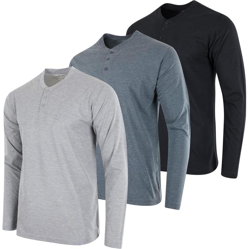 Real Essentials 3 Pack Mens Cotton Short ampamp Long Sleeve Henley TShirt Performance Activewear Available in Big ampamp TallLong Sleeve  Set 5