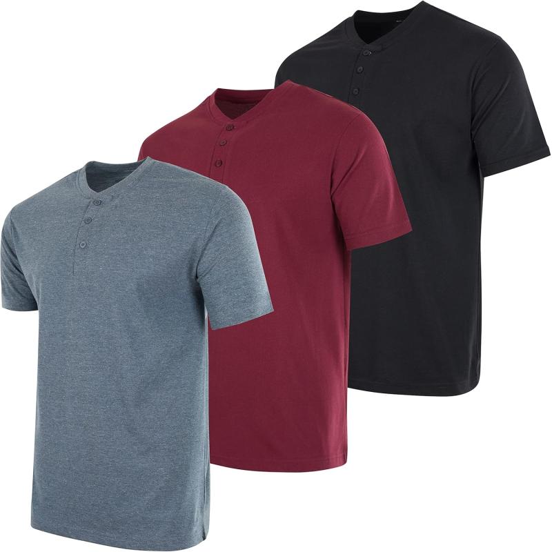 Real Essentials 3 Pack Mens Cotton Short ampamp Long Sleeve Henley TShirt Performance Activewear Available in Big ampamp TallShort Sleeve  Set 1