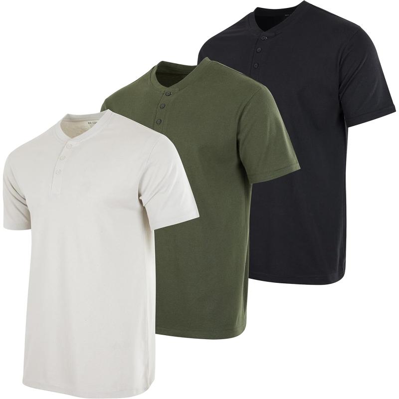 Real Essentials 3 Pack Mens Cotton Short ampamp Long Sleeve Henley TShirt Performance Activewear Available in Big ampamp TallShort Sleeve  Set 3