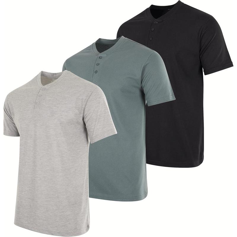 Real Essentials 3 Pack Mens Cotton Short ampamp Long Sleeve Henley TShirt Performance Activewear Available in Big ampamp TallShort Sleeve  Set 5